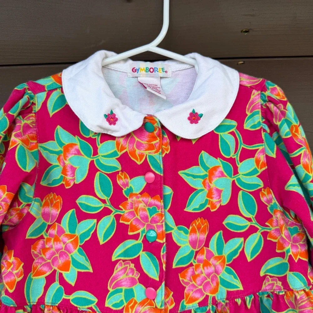 Gymboree Floral Dress Kids Size Large Pink Orange Teal Long Sleeve Button Front